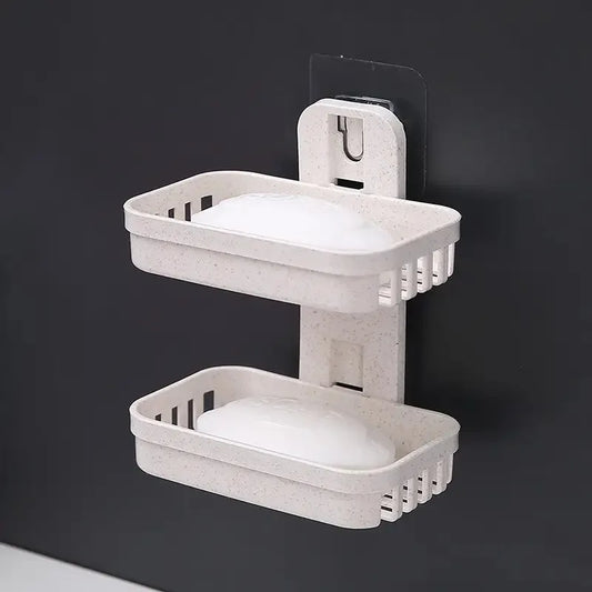 1 set of multifunctional double-layer soap box in beige and pink, made of plastic material, suitable for household bathrooms