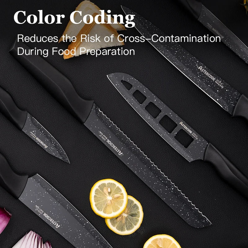 6PCS/ Astercook Knife Set, star Kitchen Knives Sets with Blade Guards, Disarbon Stainless Steel