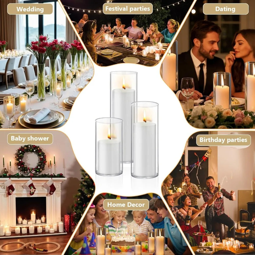 12 PCS White Pillar Candles with Glass Candle Holders Clear Hurricane Candle Holders Glass Cylinder Vases for Centerpieces Weddi