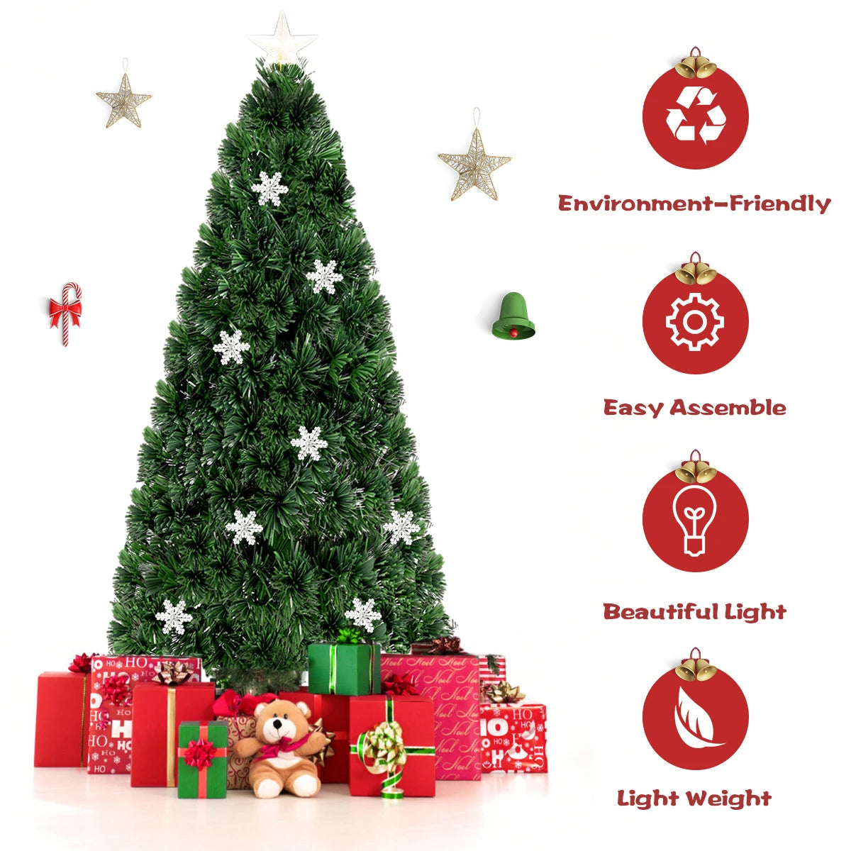6FT Pre-Lit Fiber Optic Artificial Christmas Tree w/Multicolor Lights Snowflakes