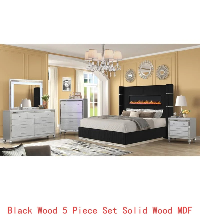 Upholstered Wooden King 5-Piece Bedroom Set with Ambient Lighting in Black Velvet Finish