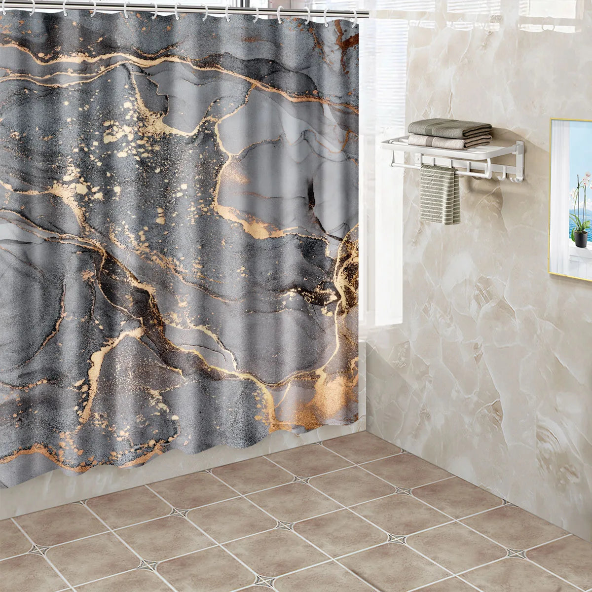 1pc Gray Marbling Shower Partition Decorative Curtain Machine Washable Lake Print Window Privacy Curtain