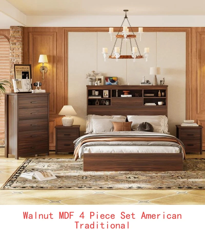 4-Piece Bedroom Set, Wooden Queen Size Bed Frame with Storage Headboard & Charging Station, 2 Nightstands with 2 Drawers,