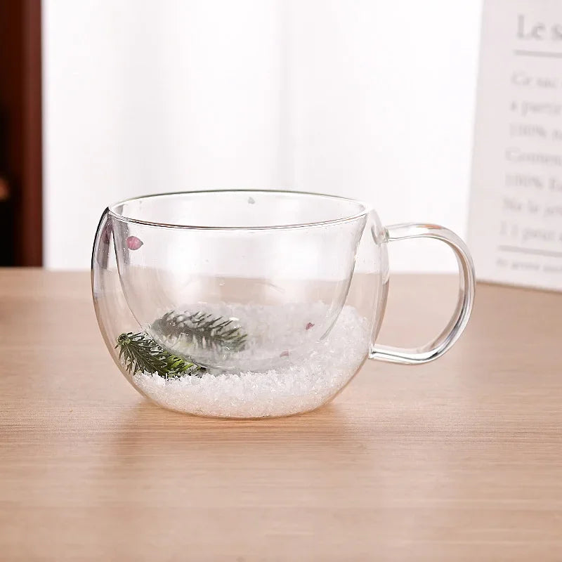 200/350ML Christmas Mug Double Wall Glass Cup Snow Scene Coffee Cup Heat Resistant