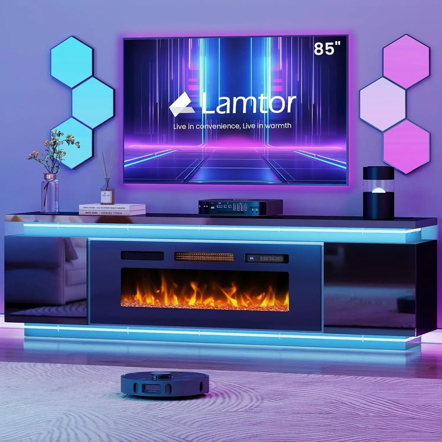 Fireplace TV-Stand for 85 inch TVs - TV-Stand with 40" Fireplace - Entertainment Center with 2 RGB LED Lights and 4 AC Power