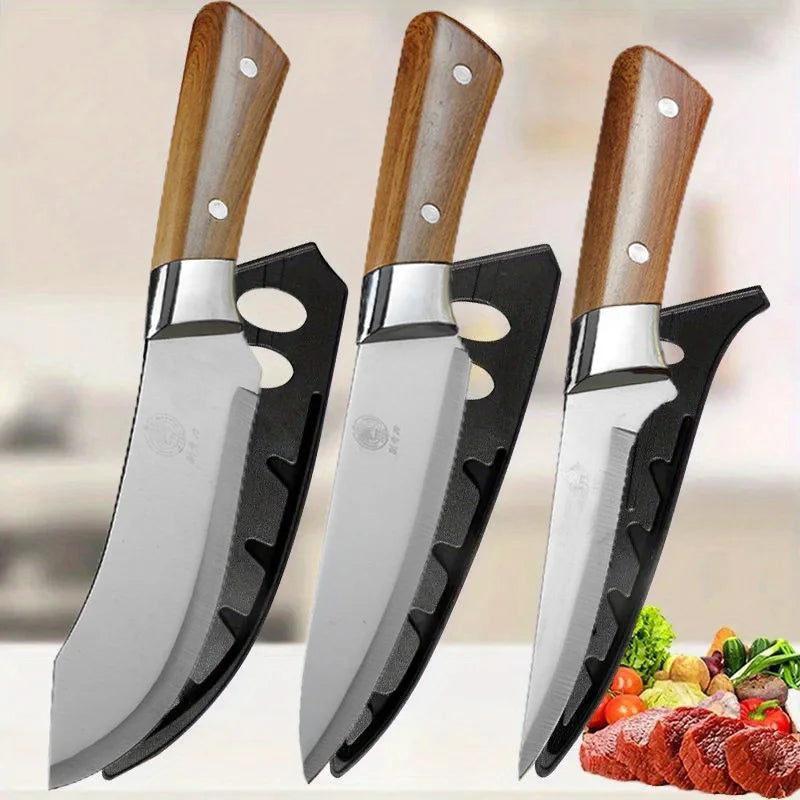 1-3pcs Butcher's Precision Knife Set with sheath Premium Imitation wood Handles -