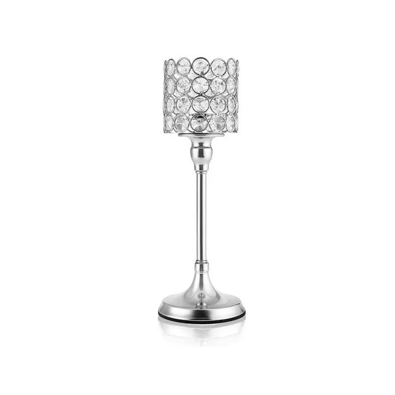 Silver Crystal Cylinder Candle Holders, Pillar Candlestick Holders for Living Room, Wedding, Dining Table, Centerpieces, 1PCS