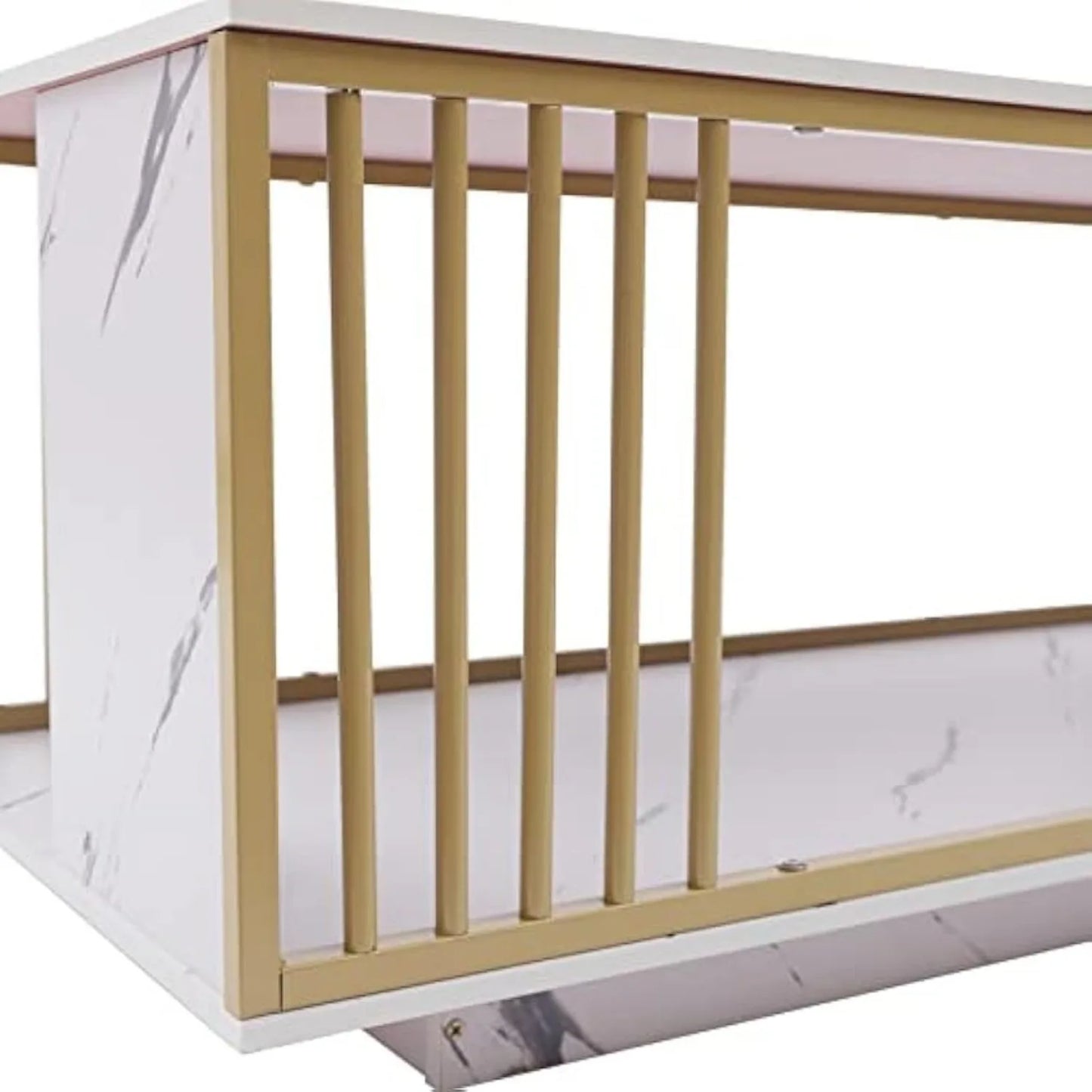 Modern White Marble Veneer Coffee Table, 2 Tier Rectangular Coffee Table with Gold Frame Sofa End Table for Living Room Bedroom