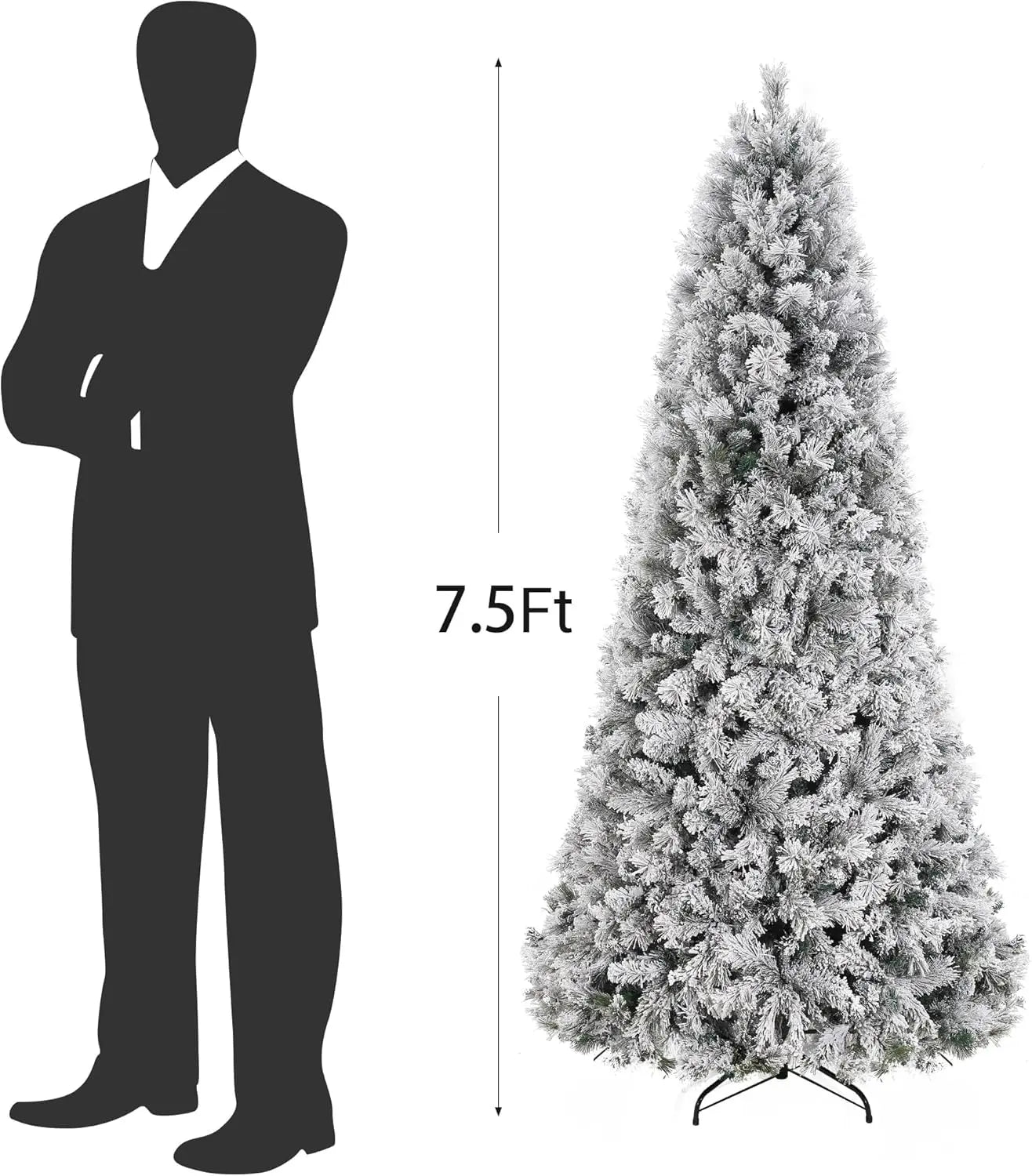7.5 FT Prelit Snow Flocked Artificial Christmas Tree with 300 Multicolor LED Lights Foldable Metal Base 8 Lighting Mode for Home