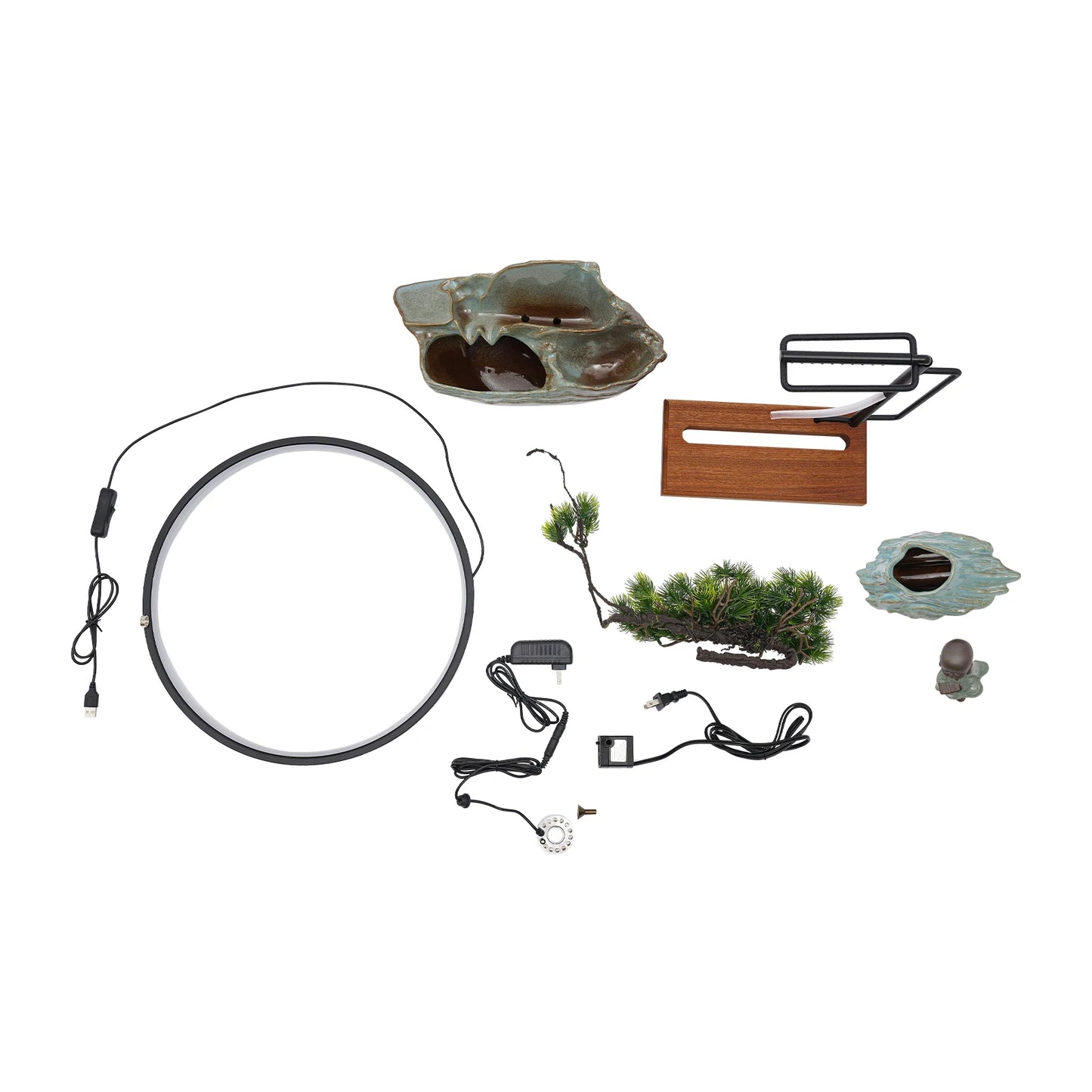 DC 24V Feng Shui Tabletop Water Fountain Indoor Waterfall with LED Mist Desk Fountain