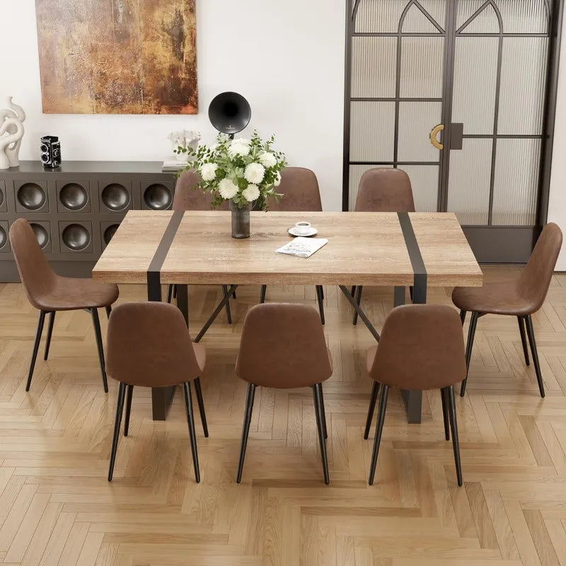 9-Piece Modern Dining Set - 71'' Rectangle Wood Table + 8 Fabric Chairs