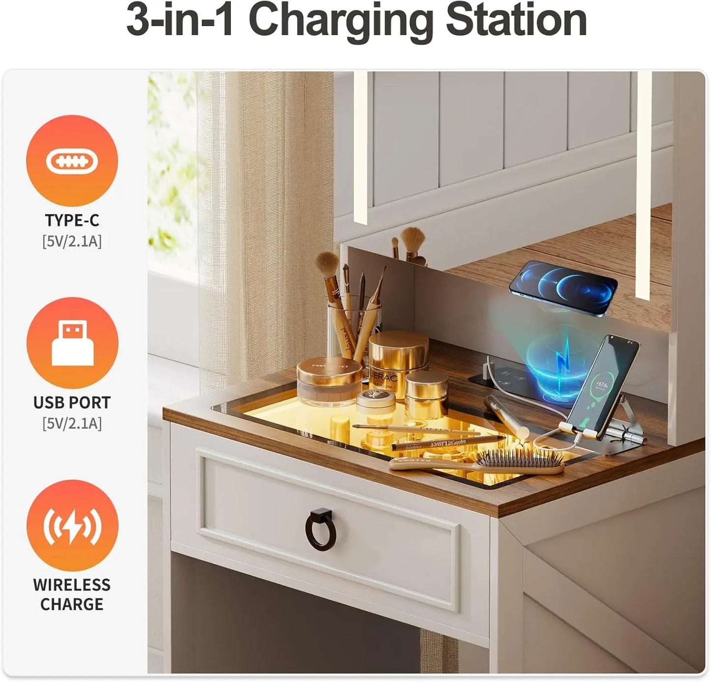 NEW Makeup Vanity Desk with Mirror and Lights,Small Vanity Desk Set with Charging Station,Compact Dressing Table, White