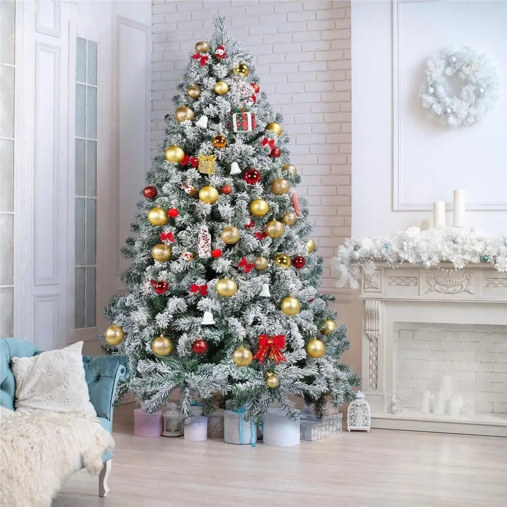 7ft Artificial Christmas Tree with Snow Flocked  Xmas Tree W/1000 Branch Tips, Foldable Metal Stand, Green & White