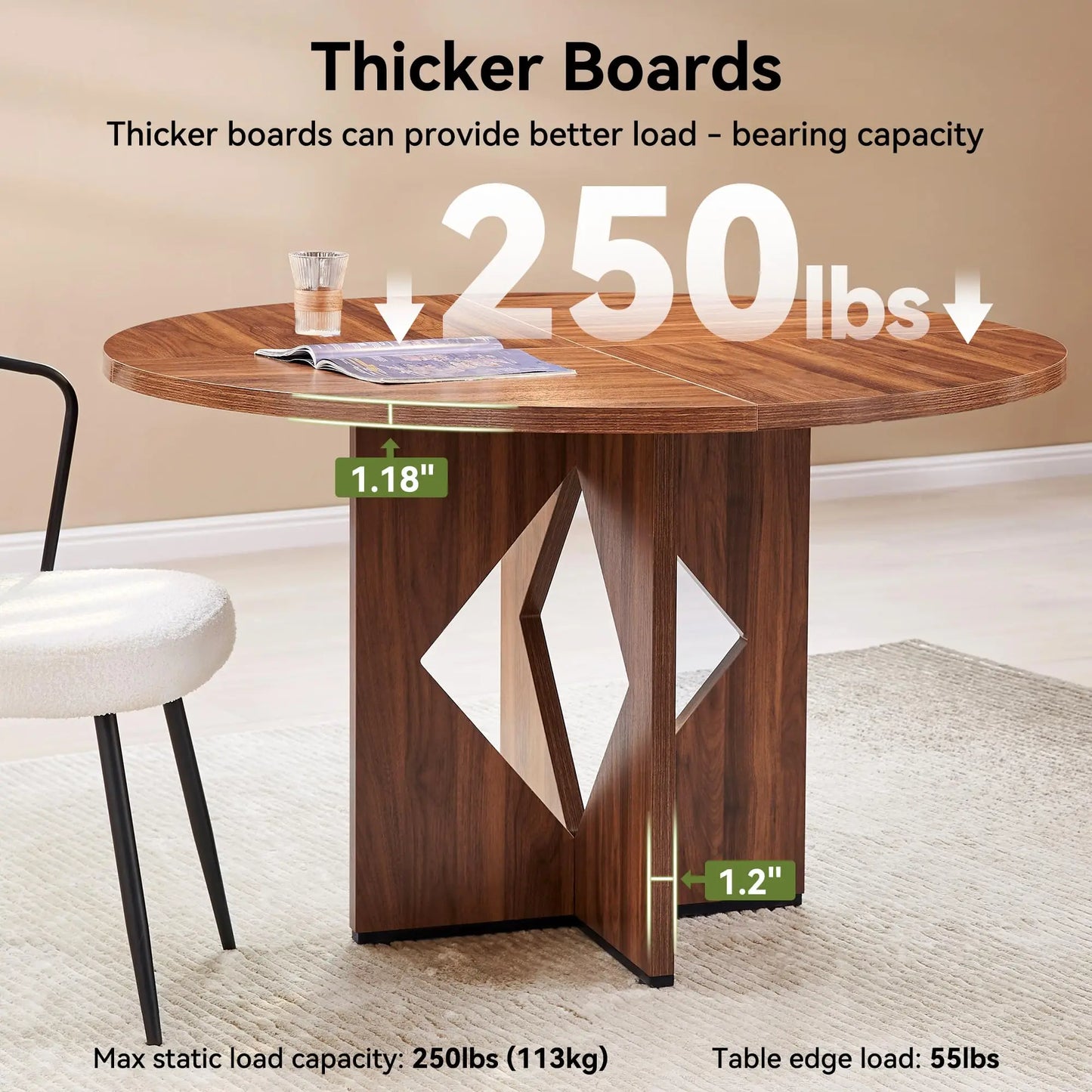 Round Dining Table for 4, 47 Inches Farmhouse Dinner Table with Wooden Pedestal Base, Modern Kitchen and Dining Room Circle Tabl