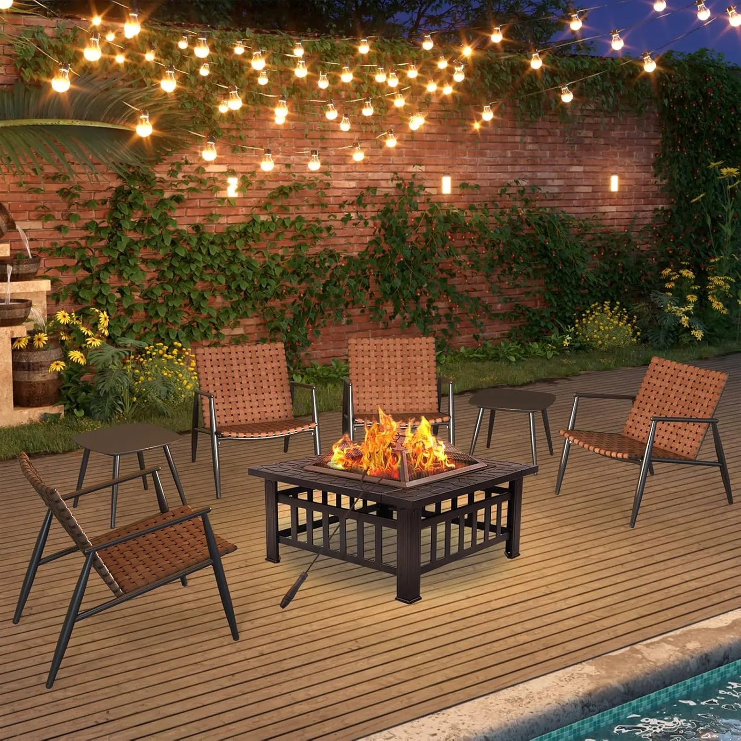 4 Pieces Outdoor Furniture Set, Leather-Look Patio Conversation Set, Vintage Brown Wicker Chairs Loveseat and 1 Coffee Table