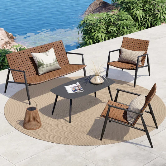 4 Pieces Outdoor Furniture Set, Leather-Look Patio Conversation Set, Vintage Brown Wicker Chairs Loveseat and 1 Coffee Table