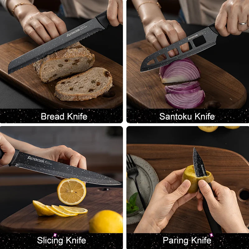 6PCS/ Astercook Knife Set, star Kitchen Knives Sets with Blade Guards, Disarbon Stainless Steel