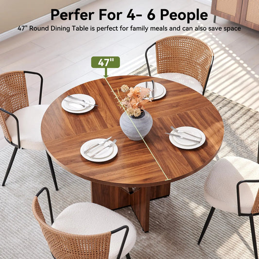 Round Dining Table for 4, 47 Inches Farmhouse Dinner Table with Wooden Pedestal Base, Modern Kitchen and Dining Room Circle Tabl