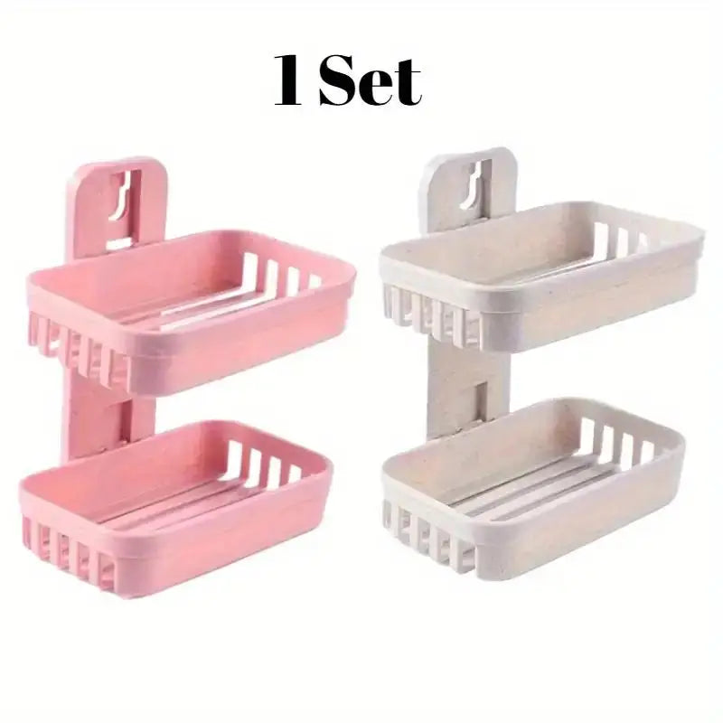 1 set of multifunctional double-layer soap box in beige and pink, made of plastic material, suitable for household bathrooms