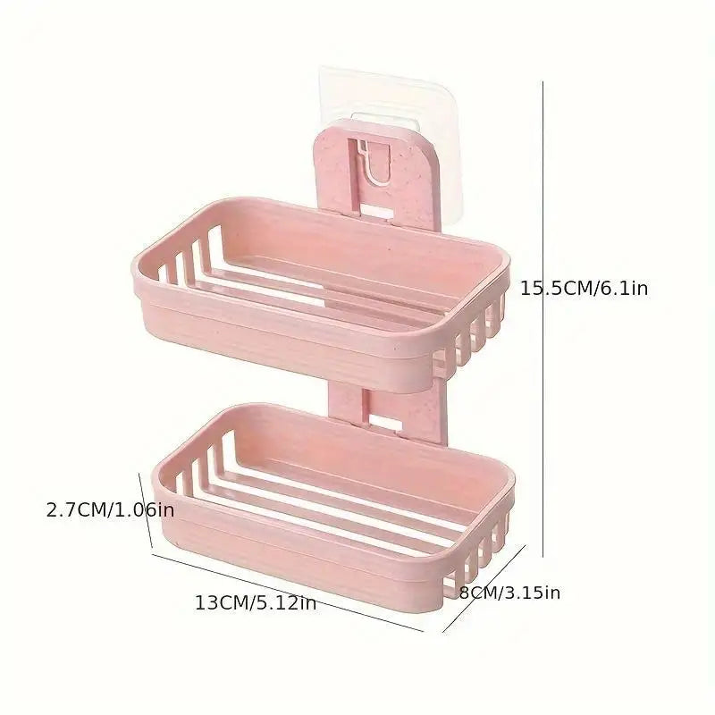 1 set of multifunctional double-layer soap box in beige and pink, made of plastic material, suitable for household bathrooms