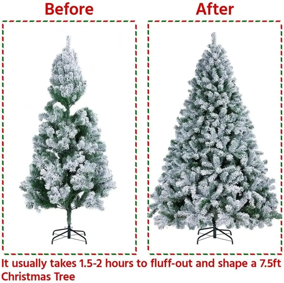 7ft Artificial Christmas Tree with Snow Flocked  Xmas Tree W/1000 Branch Tips, Foldable Metal Stand, Green & White