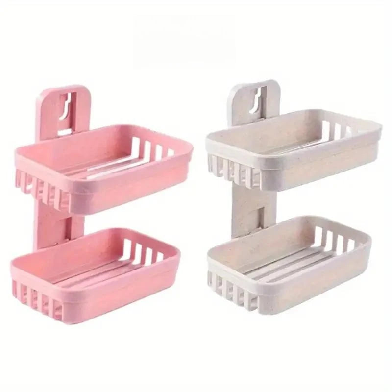 1 set of multifunctional double-layer soap box in beige and pink, made of plastic material, suitable for household bathrooms
