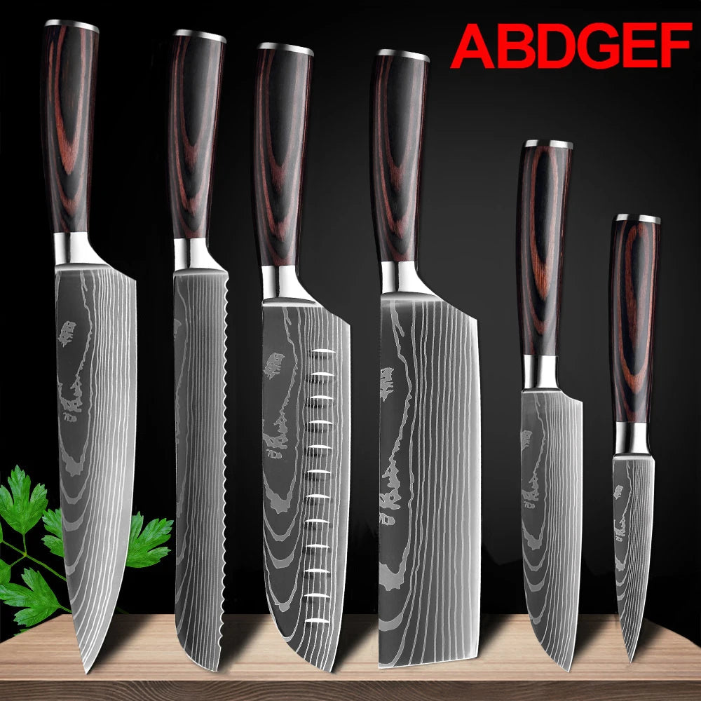 Kitchen Knives Set Laser Damascus Pattern Chef Knife Sharp Cleaver Slicing Utility Knives Tools