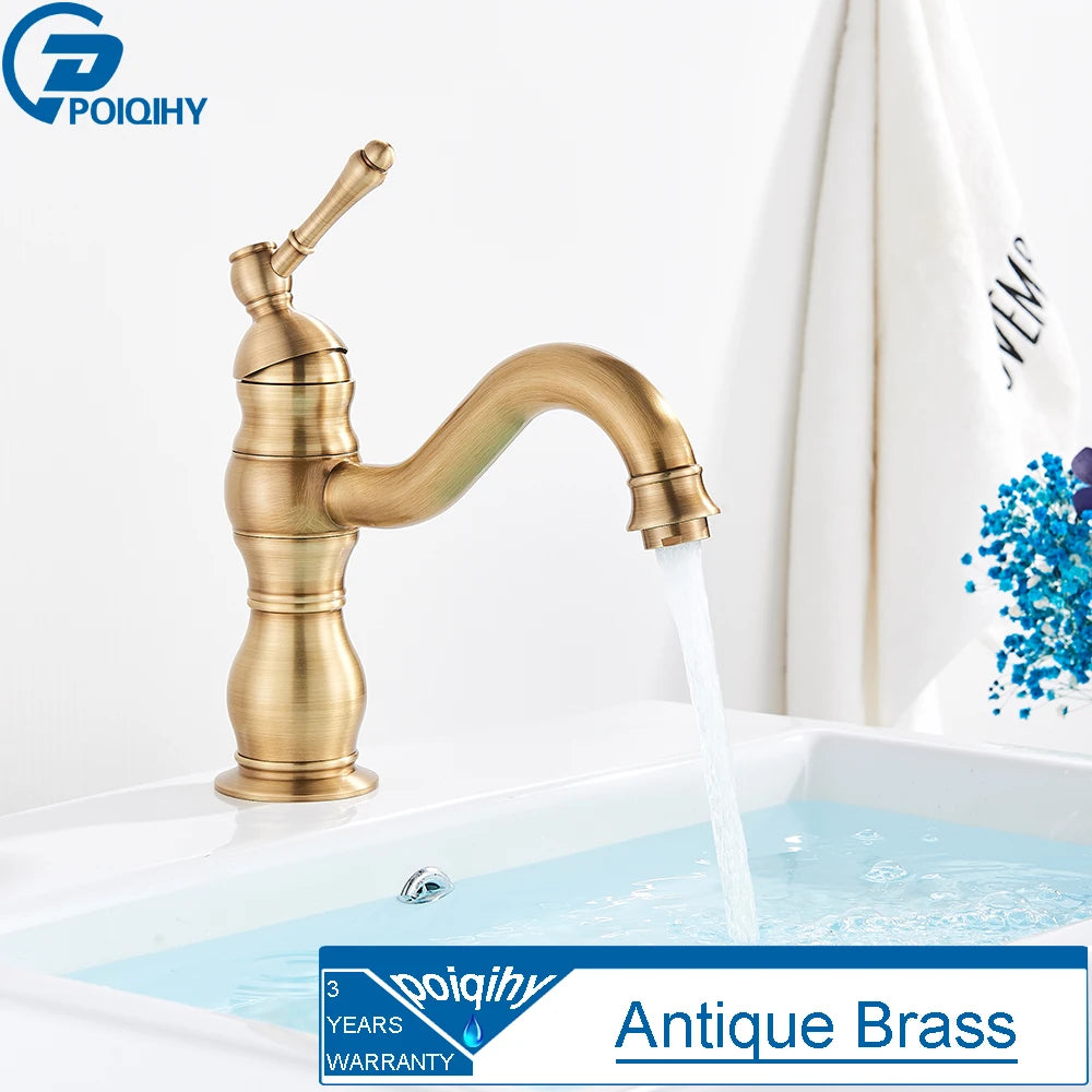 Antique Brass Basin Vessel Sink Faucet Deck Mounted One Hole Cold Hot Water Cold Hot Mixer Tap Bathroom Faucet  1 Hole