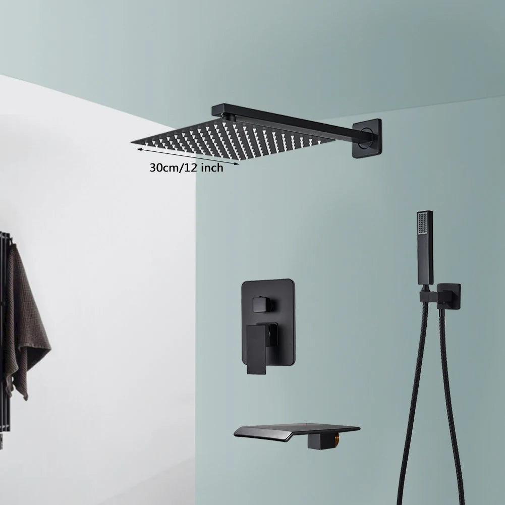 Black Shower Faucets System Bathroom Wall Mounted Rainfall Showerkit