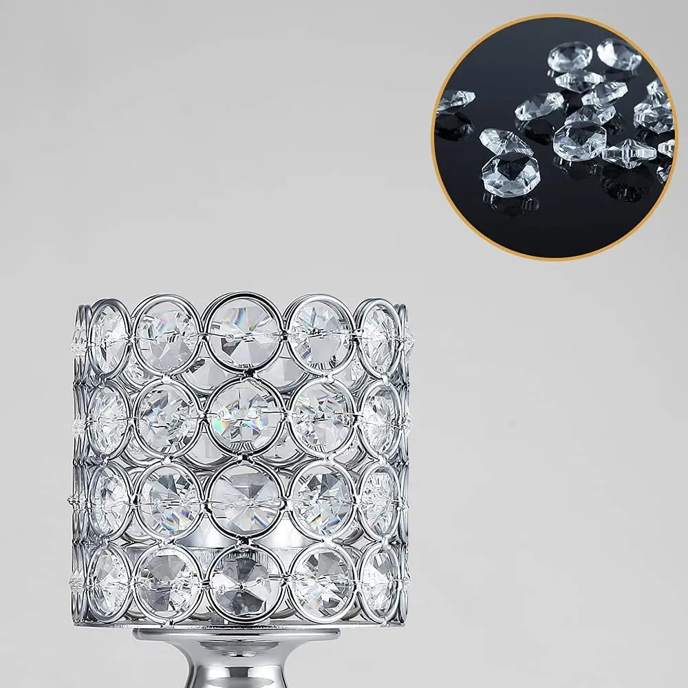 Silver Crystal Cylinder Candle Holders, Pillar Candlestick Holders for Living Room, Wedding, Dining Table, Centerpieces, 1PCS