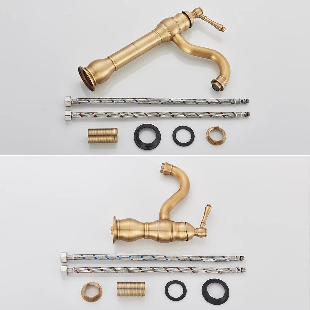 Antique Brass Basin Vessel Sink Faucet Deck Mounted One Hole Cold Hot Water Cold Hot Mixer Tap Bathroom Faucet  1 Hole