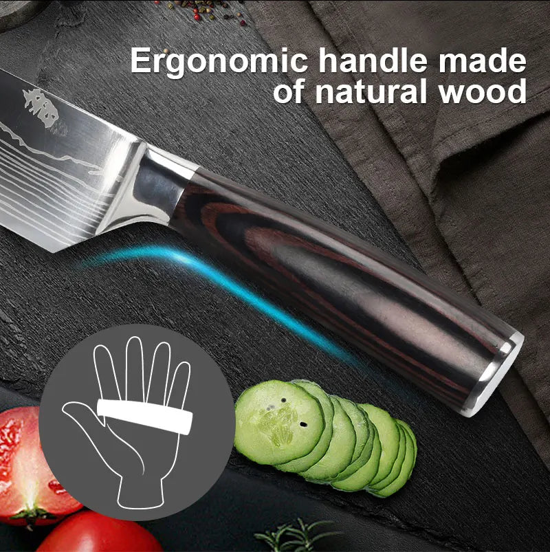 Kitchen Knives Set Laser Damascus Pattern Chef Knife Sharp Cleaver Slicing Utility Knives Tools