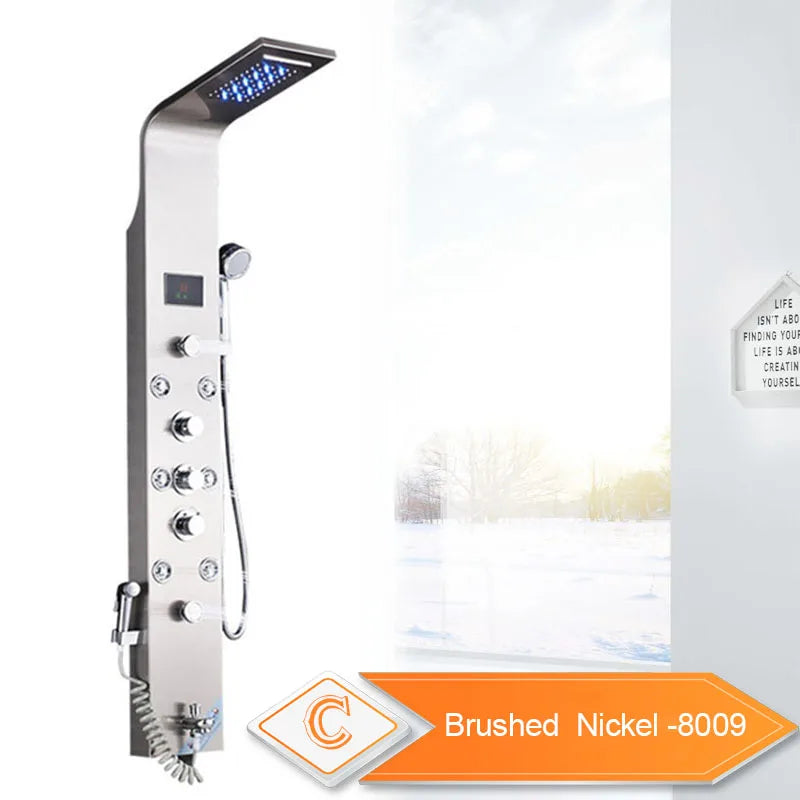 LED Light Bathroom Shower Panel Intelligent LCD Shower Column System with 6 Modes Rain Waterfall Massage Jet