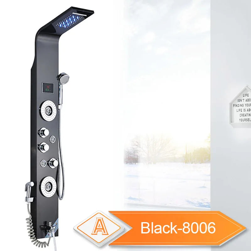 LED Light Bathroom Shower Panel Intelligent LCD Shower Column System with 6 Modes Rain Waterfall Massage Jet