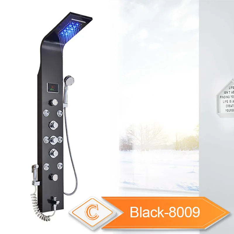 LED Light Bathroom Shower Panel Intelligent LCD Shower Column System with 6 Modes Rain Waterfall Massage Jet