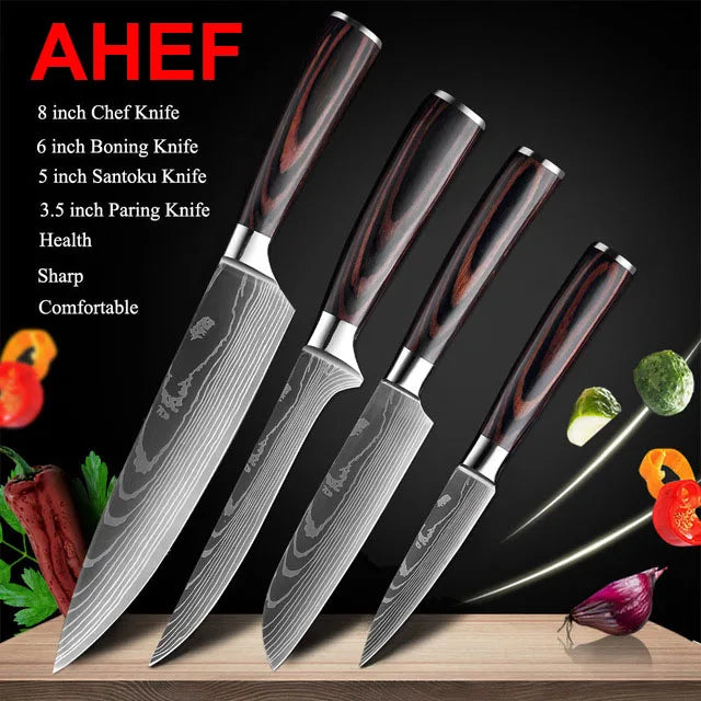 Kitchen Knives Set Laser Damascus Pattern Chef Knife Sharp Cleaver Slicing Utility Knives Tools