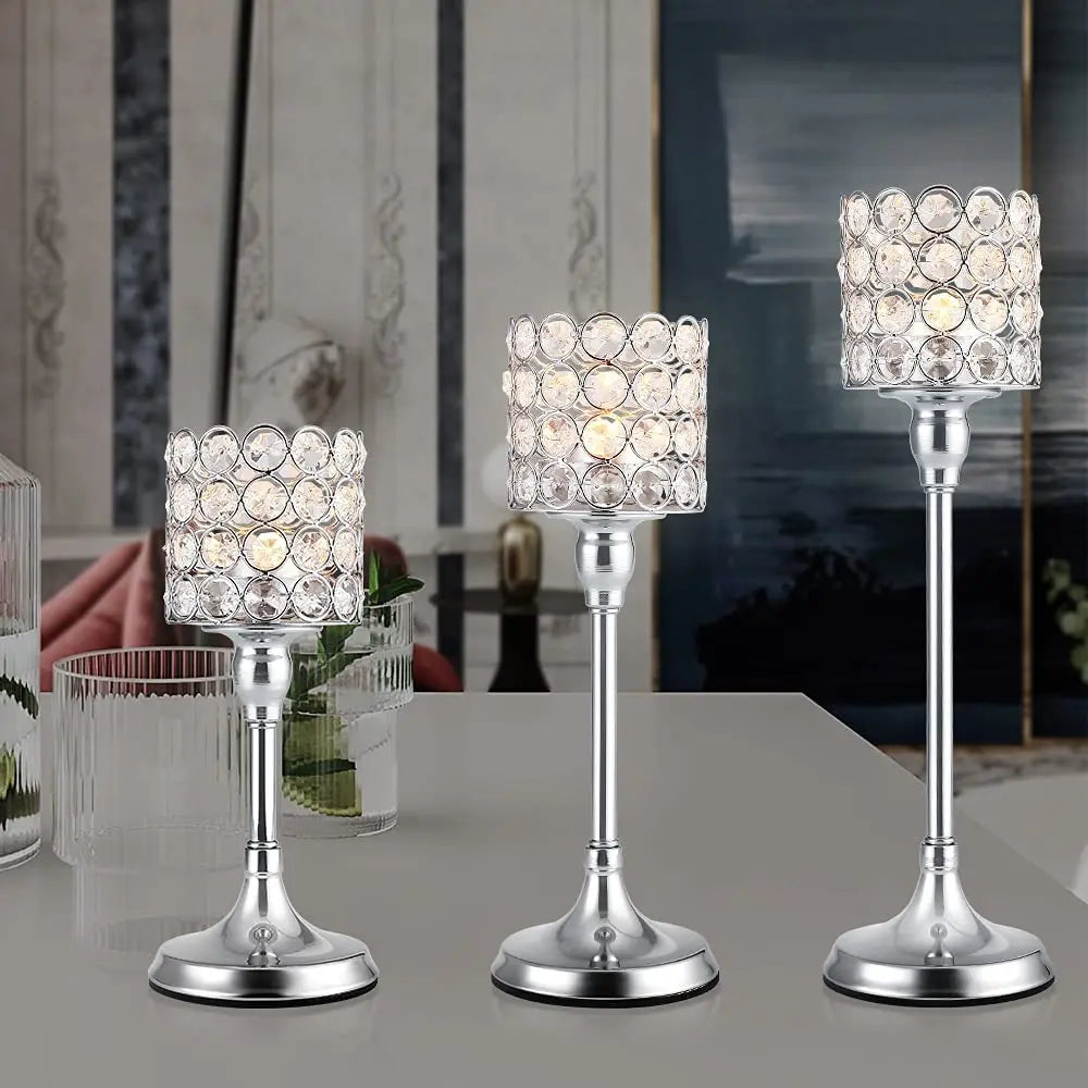 Silver Crystal Cylinder Candle Holders, Pillar Candlestick Holders for Living Room, Wedding, Dining Table, Centerpieces, 1PCS