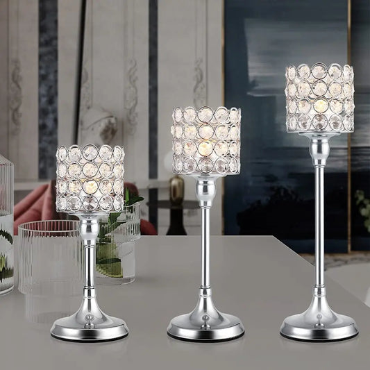 Silver Crystal Cylinder Candle Holders, Pillar Candlestick Holders for Living Room, Wedding, Dining Table, Centerpieces, 1PCS