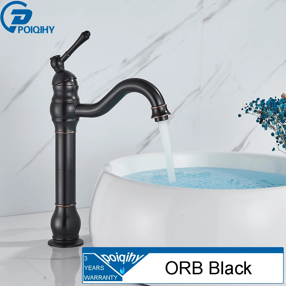 Antique Brass Basin Vessel Sink Faucet Deck Mounted One Hole Cold Hot Water Cold Hot Mixer Tap Bathroom Faucet  1 Hole