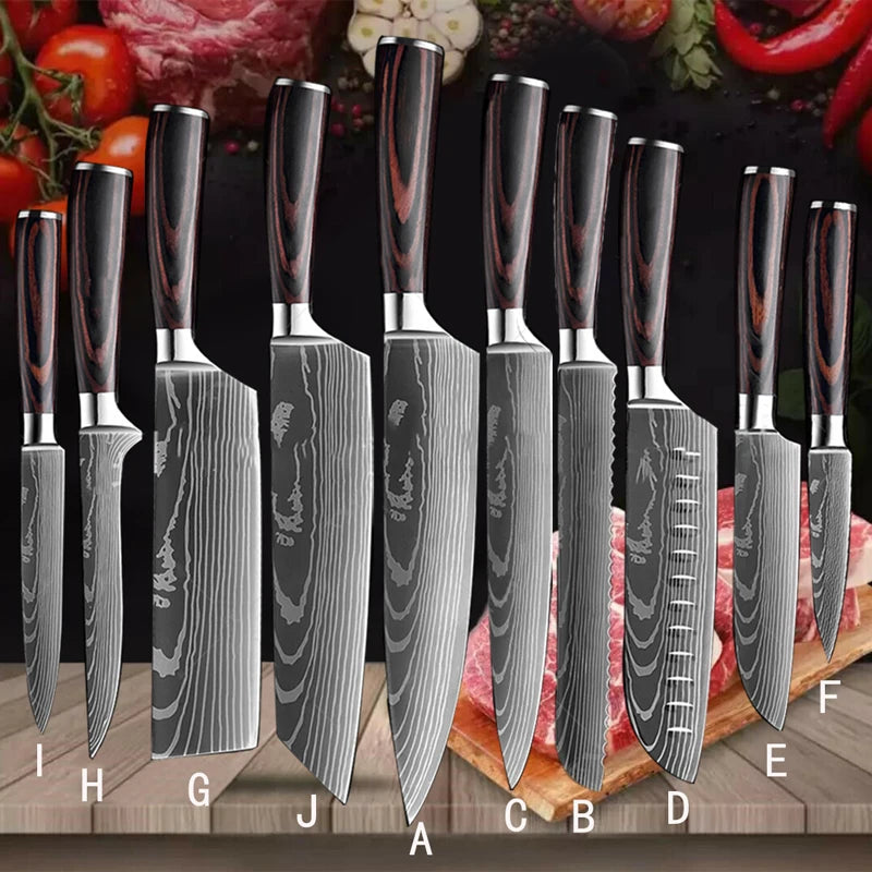 Kitchen Knives Set Laser Damascus Pattern Chef Knife Sharp Cleaver Slicing Utility Knives Tools