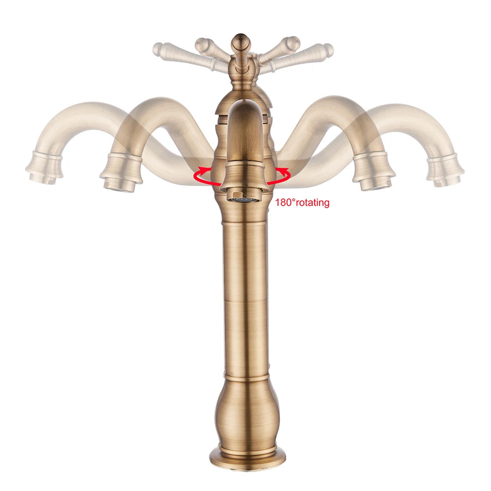 Antique Brass Basin Vessel Sink Faucet Deck Mounted One Hole Cold Hot Water Cold Hot Mixer Tap Bathroom Faucet  1 Hole