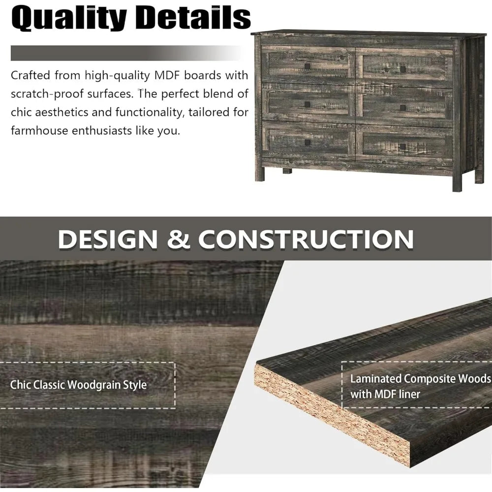 Farmhouse Bedroom Set, 3 Pieces Bedroom Furniture Set, Rustic Wood 6 Drawer Dresser and Nightstands