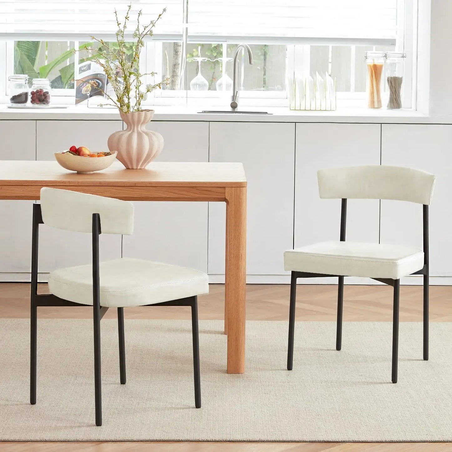 Brown Faux Leather Dining Chairs Set of 4, Armless Upholstered Kitchen Chair,Modern Dining Room Chair with Curved Backrest