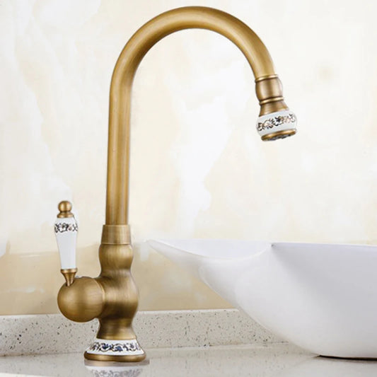 Vintage Brass Basin Faucet Single Handle - Bathroom Sink Mixer Tap for 1 Hole Installation, Antique Hot and Cold Water Tap