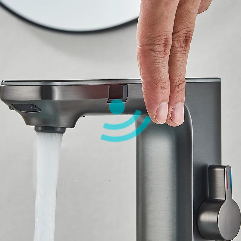 Luxury Silver Gray Smart LCD Daul Sensor Bathroom Basin Faucet Zinc Alloy Deck Mount