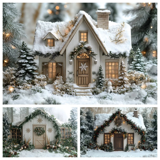 Winter Snow Christmas Wooden House Background Photography Flash Cottage Pine Tree Forest Kids Family Portrait Backdrop Studio