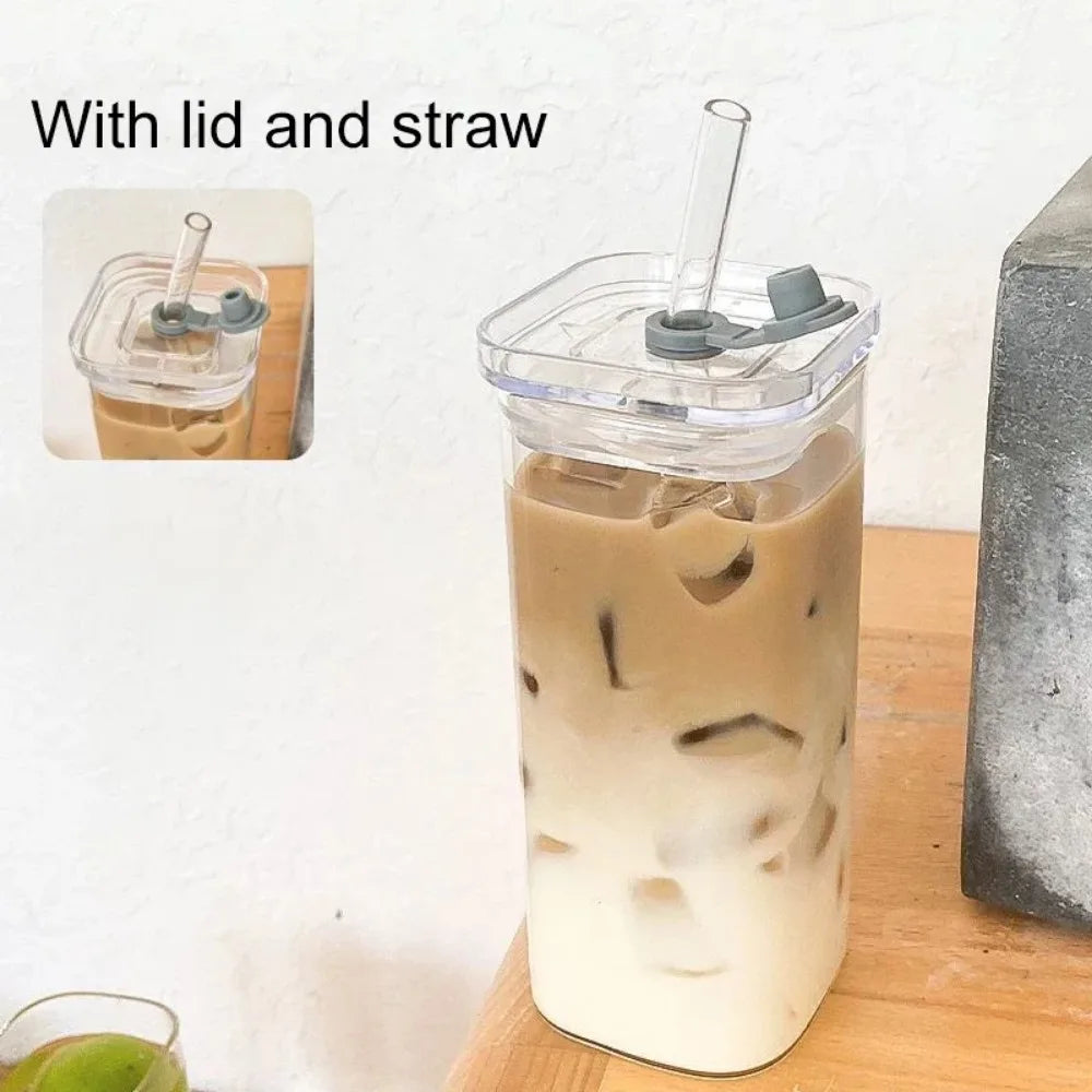 1pc Square Glass Coffee Mug with Lid & Straw Transparent Drinkware