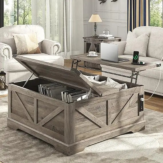 40” Large Farmhouse Lift Top Coffee Table with Power Outlets and Large Hidden Storage, Square Wood Living Room Tables, Multi-Fun