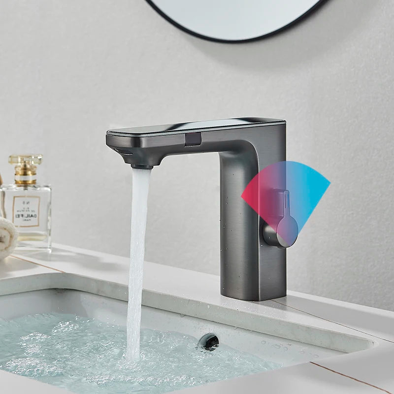 Luxury Silver Gray Smart LCD Daul Sensor Bathroom Basin Faucet Zinc Alloy Deck Mount