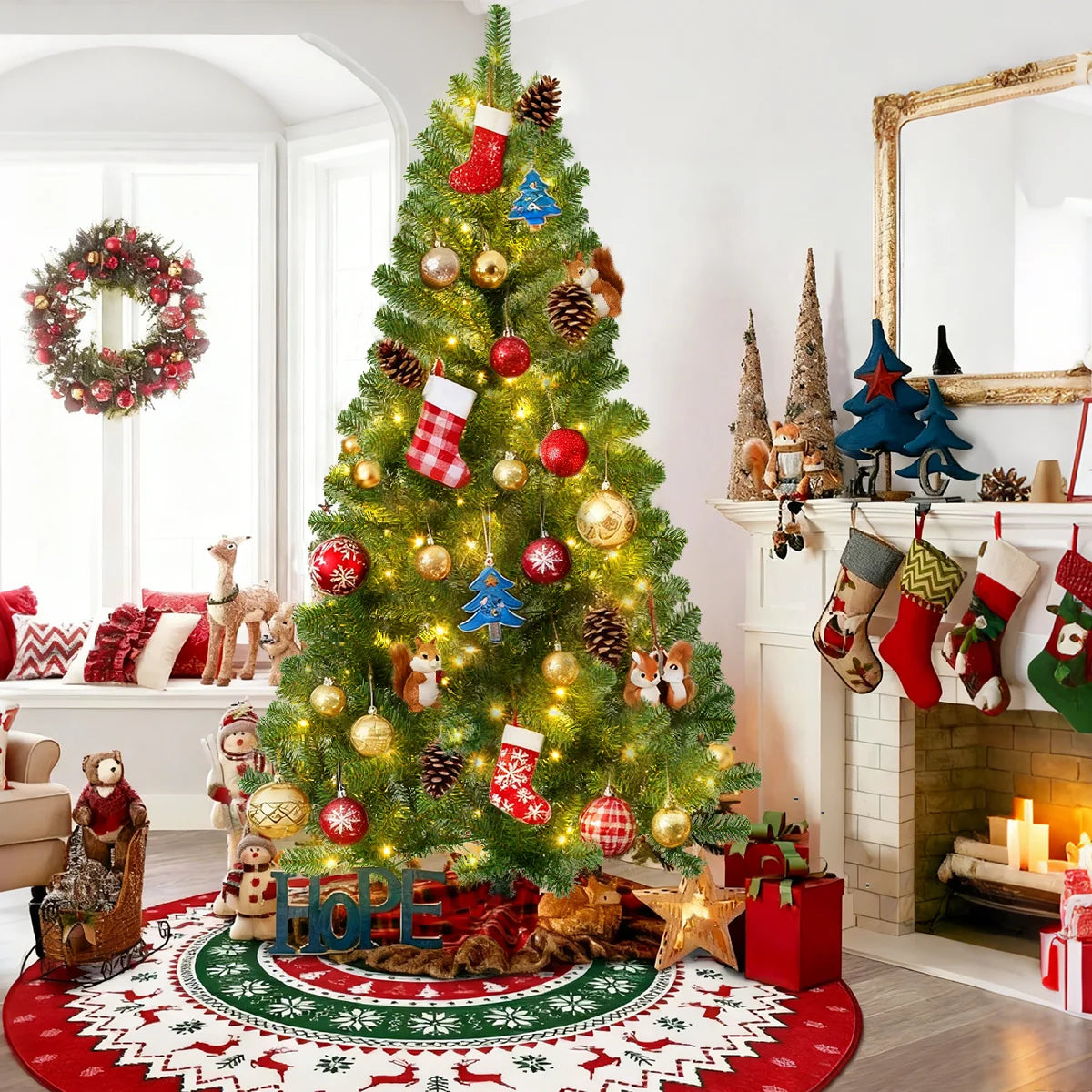 190cm Pre-Lit Artificial Christmas Tree 2025 Christmas Decorations 200 Warm-White LED Light White Green 460 Dense Branch Tips